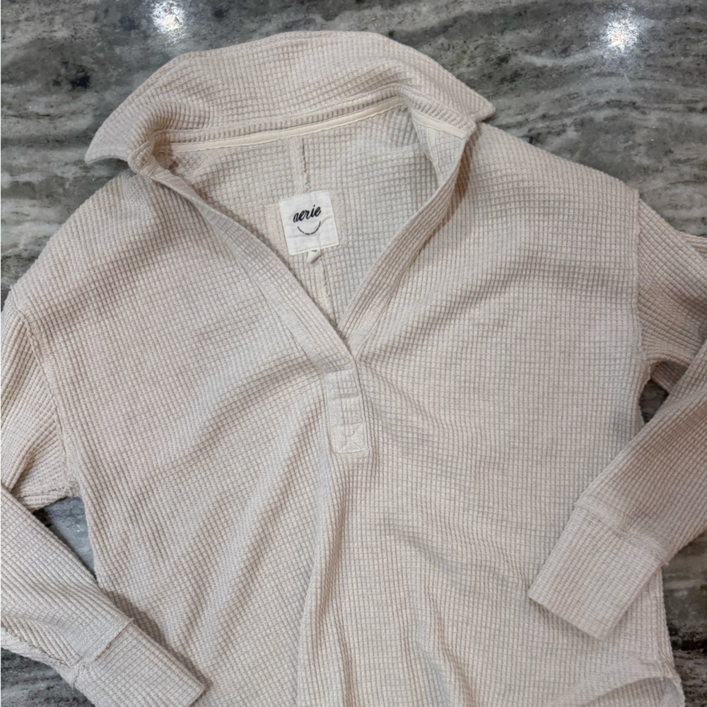 Aerie Oversized Lumberjane Waffle Knit Polo Sweatshirt Size XXS - Picture 4 of 6